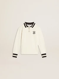 Kids white cotton polo sweatshirt with embroidery on the chest and print back