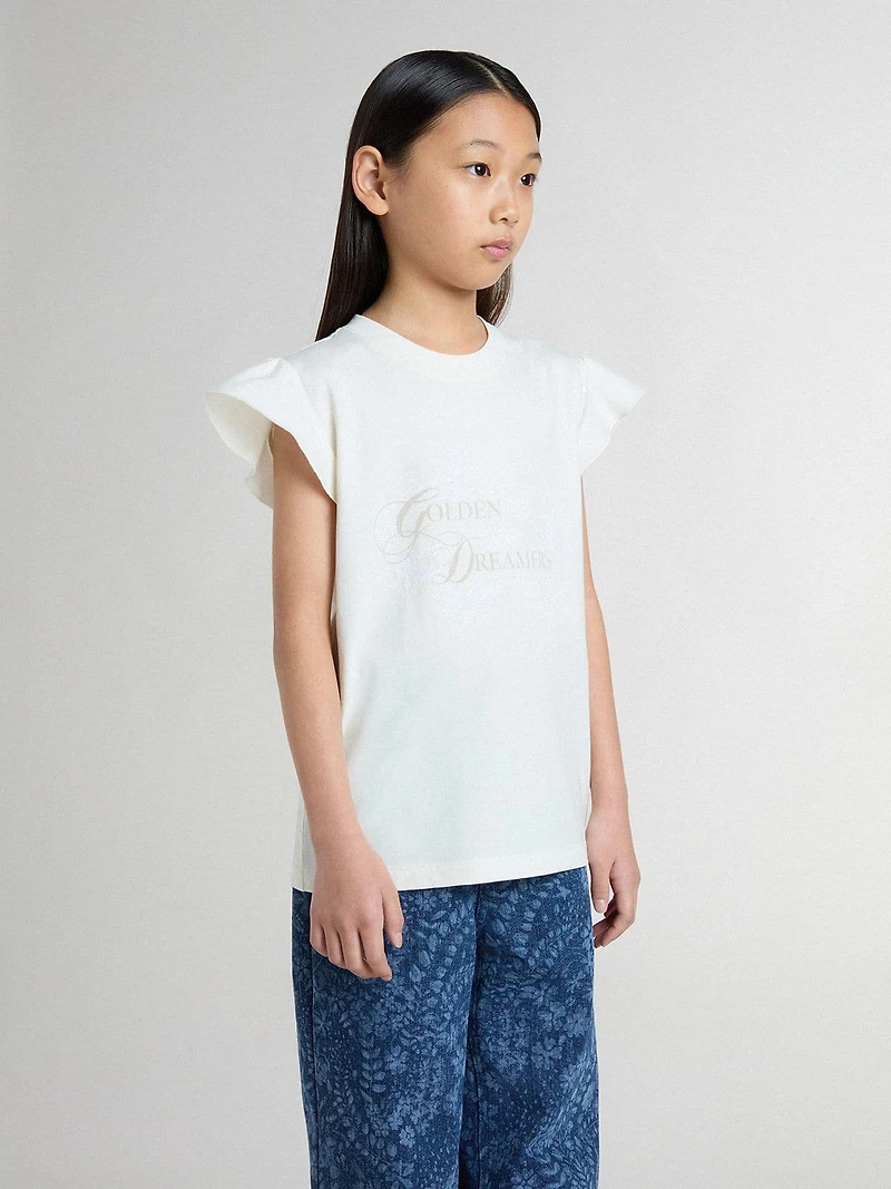 Girls' T-shirt with ruffled sleeves lettering and embroidery