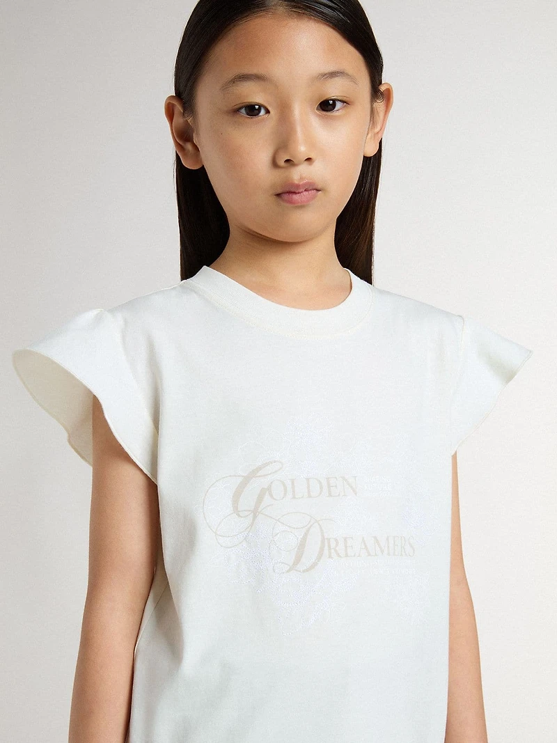 Girls' T-shirt with ruffled sleeves lettering and embroidery