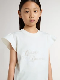 Girls' T-shirt with ruffled sleeves lettering and embroidery