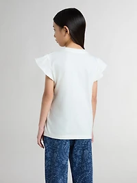 Girls' T-shirt with ruffled sleeves lettering and embroidery