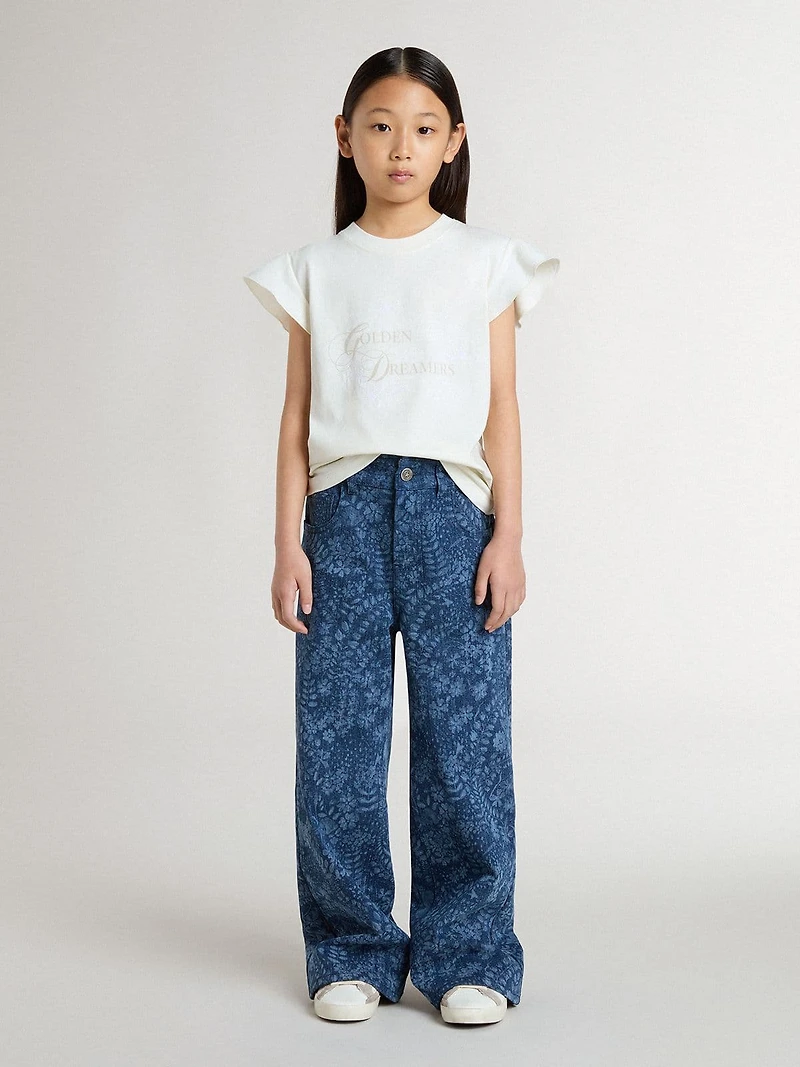 Girls' T-shirt with ruffled sleeves lettering and embroidery