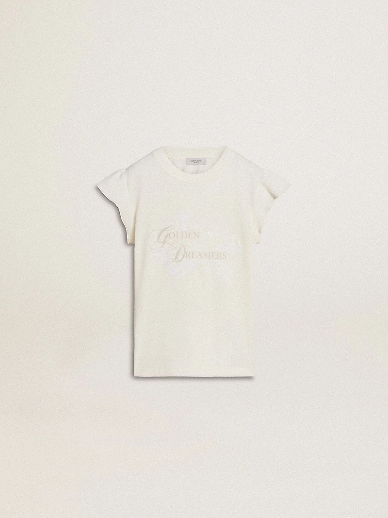 Girls' T-shirt with ruffled sleeves lettering and embroidery