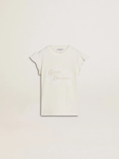 Girls' T-shirt with ruffled sleeves lettering and embroidery