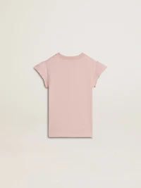 Girls' pink T-shirt with ruffled sleeves and embroidery