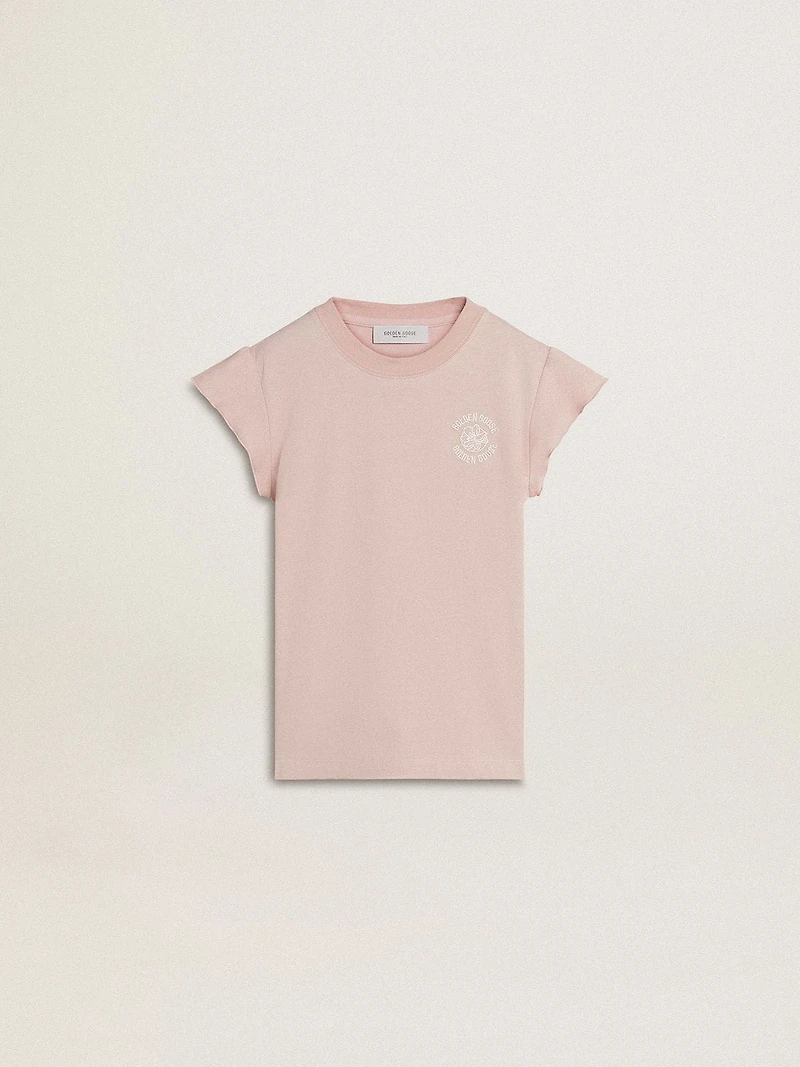 Girls' pink T-shirt with ruffled sleeves and embroidery