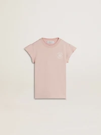 Girls' pink T-shirt with ruffled sleeves and embroidery