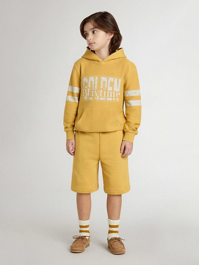Kids jogging shorts ochre yellow with embroidery