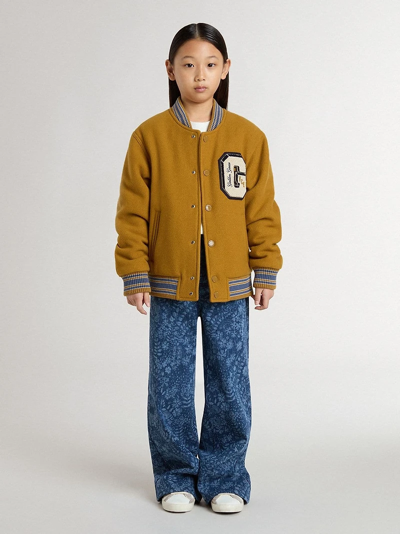 Kids’ wool bomber jacket ochre yellow with patch