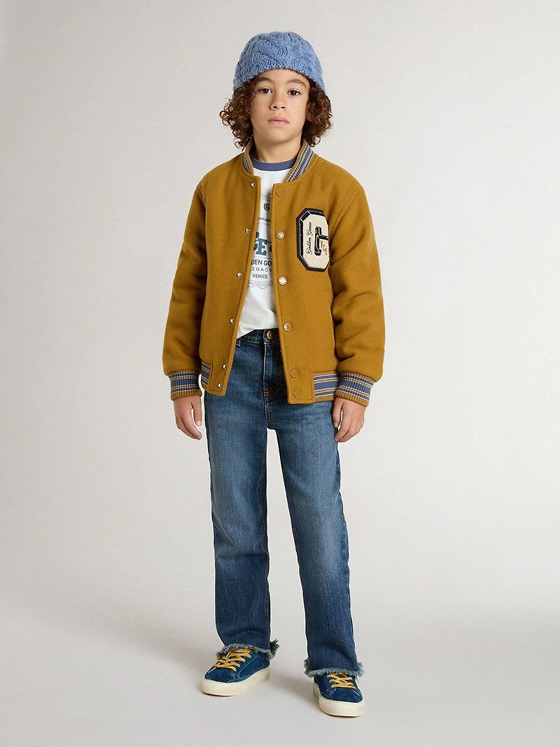 Kids’ wool bomber jacket ochre yellow with patch
