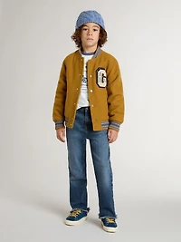 Kids’ wool bomber jacket ochre yellow with patch