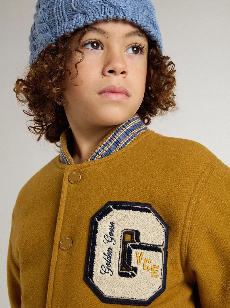 Kids’ wool bomber jacket ochre yellow with patch