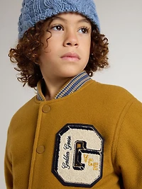 Kids’ wool bomber jacket ochre yellow with patch