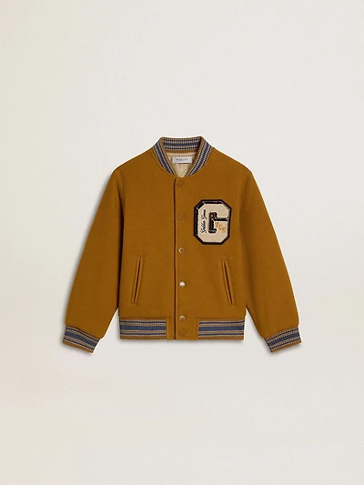 Kids’ wool bomber jacket ochre yellow with patch