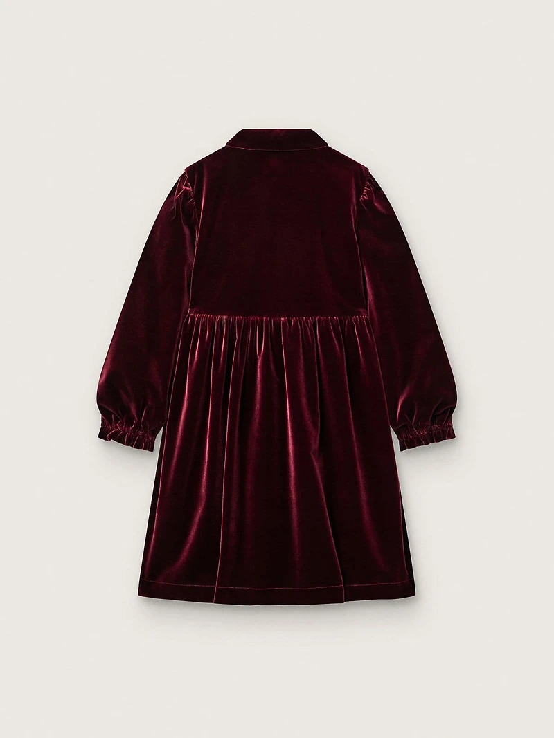 Girls’ burgundy velvet-effect dress with embroidery on the front