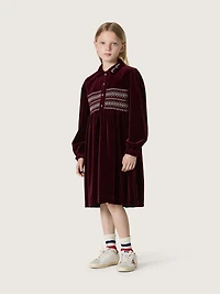 Girls’ burgundy velvet-effect dress with embroidery on the front