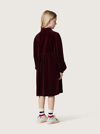Girls’ burgundy velvet-effect dress with embroidery on the front