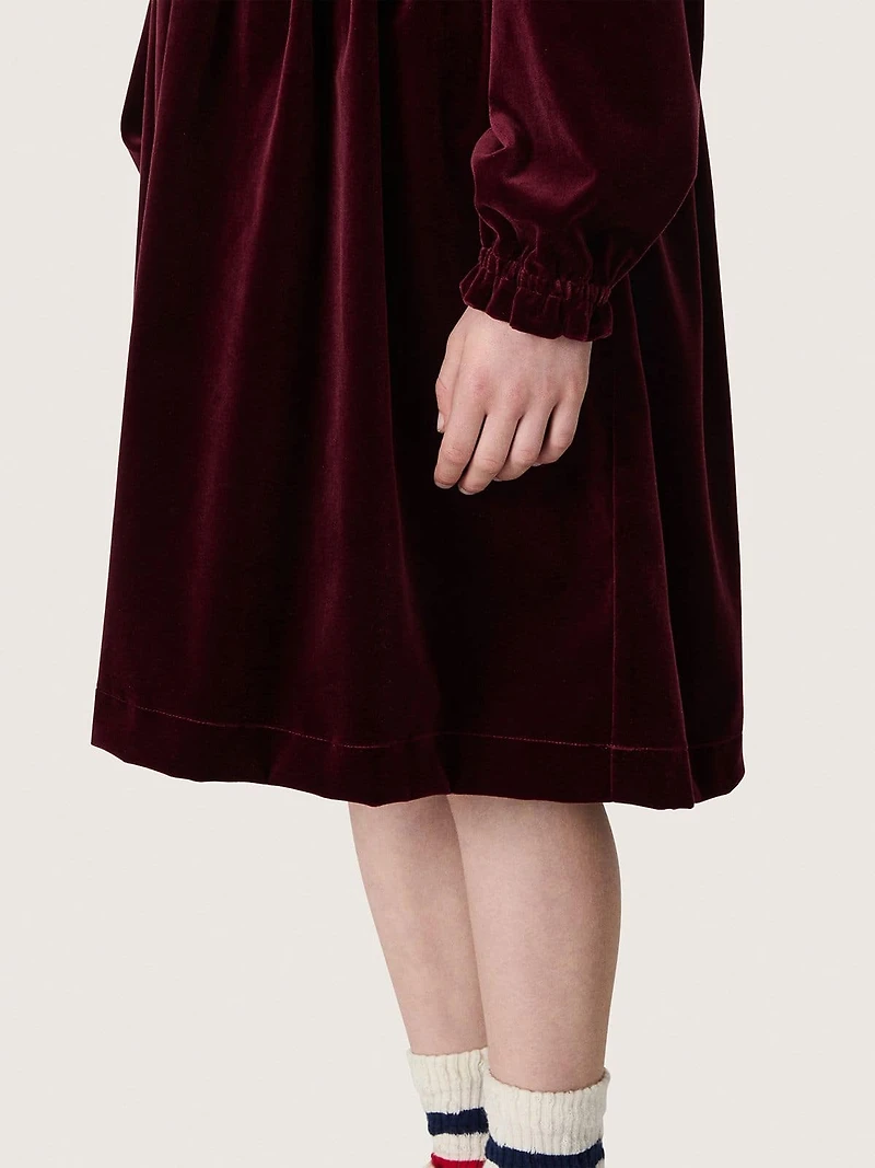 Girls’ burgundy velvet-effect dress with embroidery on the front