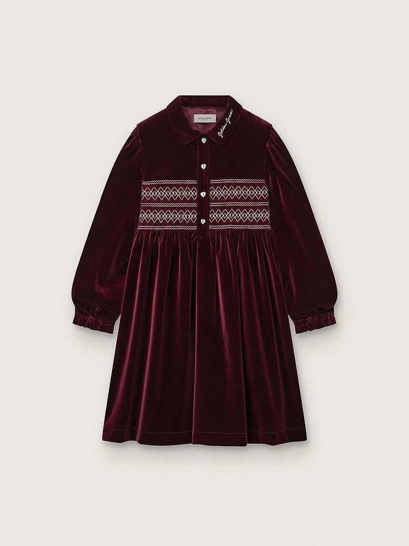 Girls’ burgundy velvet-effect dress with embroidery on the front