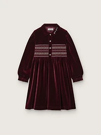 Girls’ burgundy velvet-effect dress with embroidery on the front
