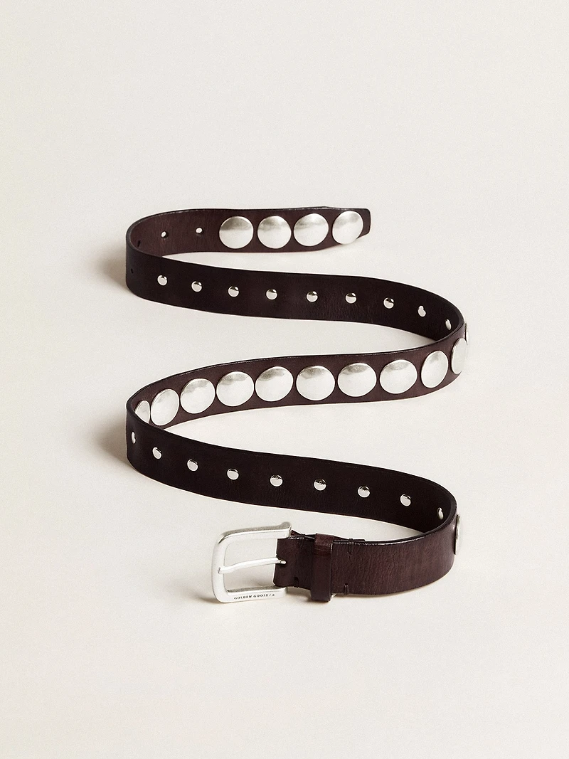 Trinidad belt in dark brown leather with silver maxi studs