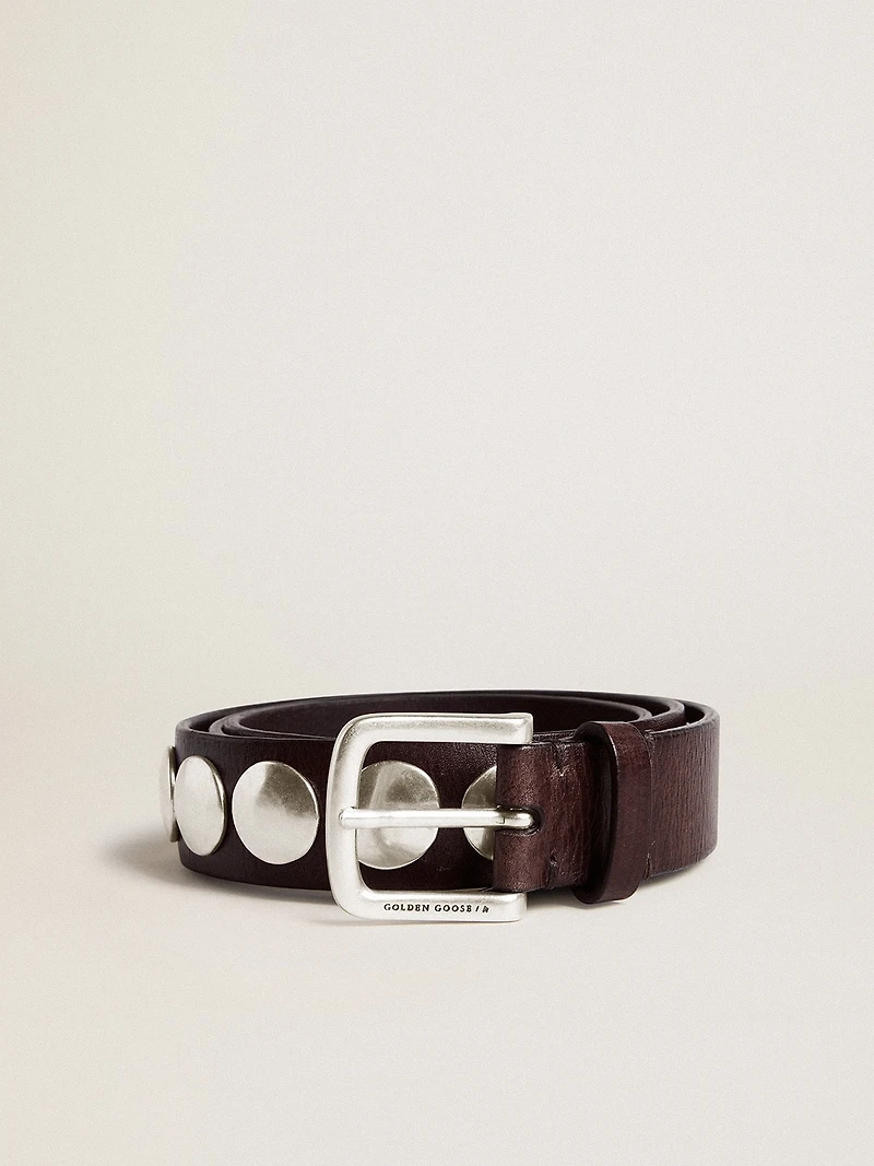 Trinidad belt in dark brown leather with silver maxi studs