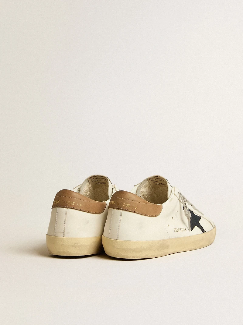 Men's Super-Star in white leather with midnight-blue canvas star and tobacco leather heel tab