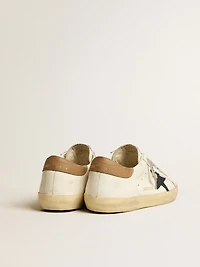 Men's Super-Star in white leather with midnight-blue canvas star and tobacco leather heel tab