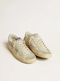 Men's Super-Star LTD white leather with all-over lettering and ice-gray suede star