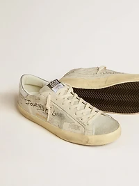Men's Super-Star LTD white leather with all-over lettering and ice-gray suede star