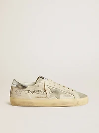 Men's Super-Star LTD white leather with all-over lettering and ice-gray suede star