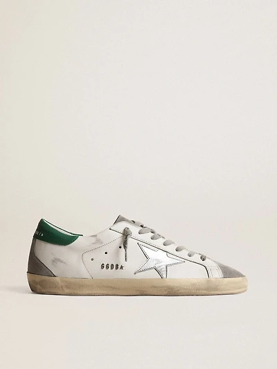 Men’s Super-Star white leather with silver star and green heel tab