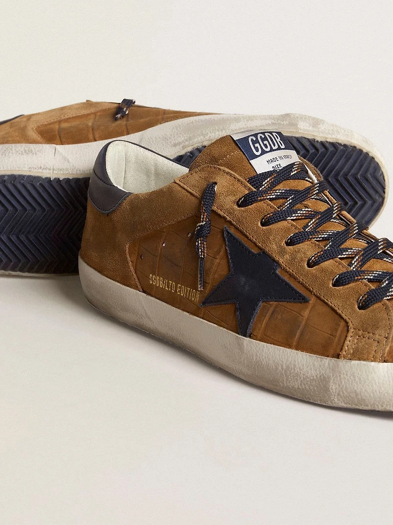 Men's Super-Star LTD tobacco-colored croc-print leather with midnight blue star and heel tab