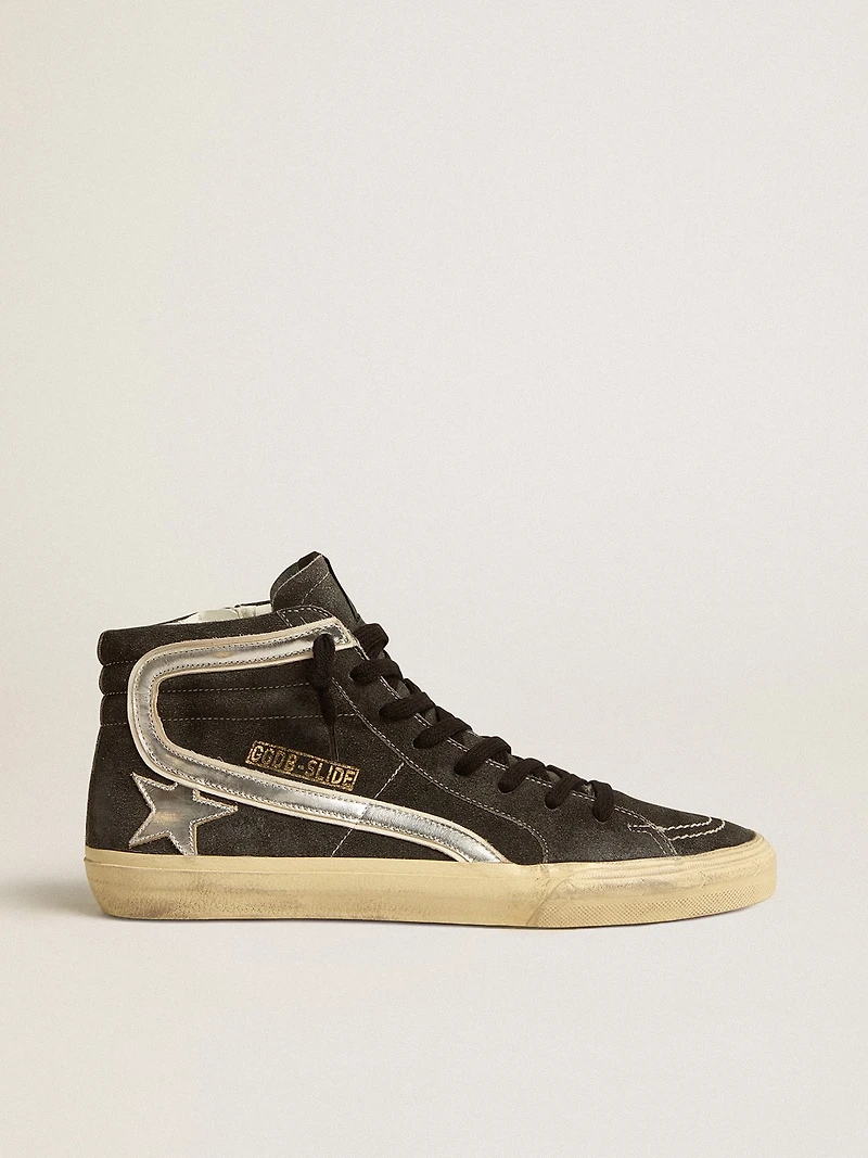 Slide in black suede with silver metallic leather star and flash