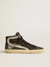 Slide in black suede with silver metallic leather star and flash