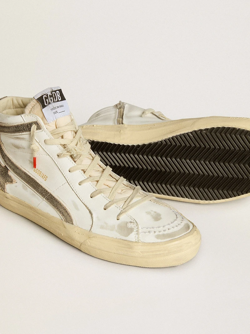 Men’s Slide LAB white leather with star and flash brown suede