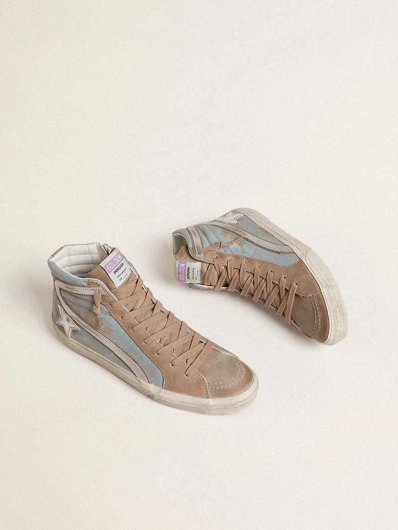 Men's Slide light blue canvas with silver metallic leather flash