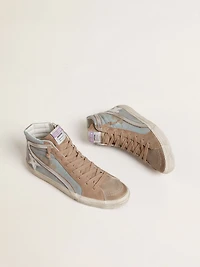 Men's Slide light blue canvas with silver metallic leather flash