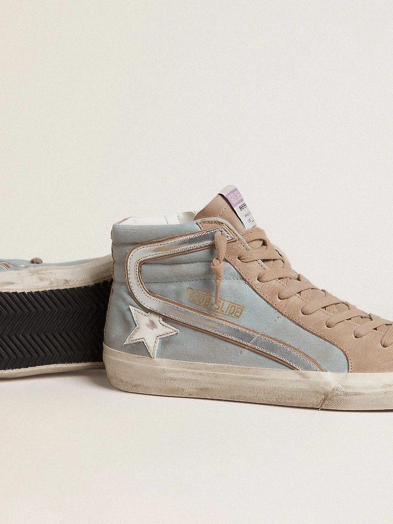 Men's Slide light blue canvas with silver metallic leather flash