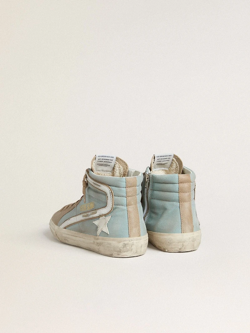 Men's Slide light blue canvas with silver metallic leather flash