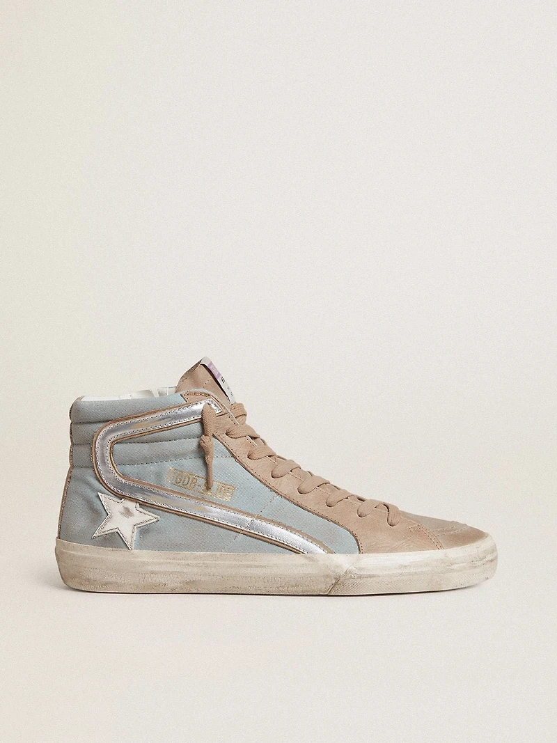 Men's Slide light blue canvas with silver metallic leather flash