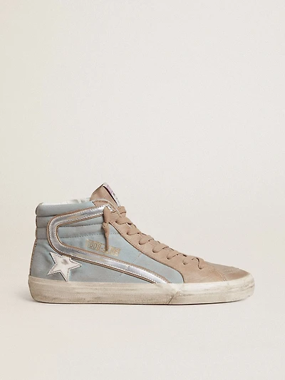 Men's Slide light blue canvas with silver metallic leather flash