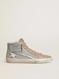 Men's Slide light blue canvas with silver metallic leather flash