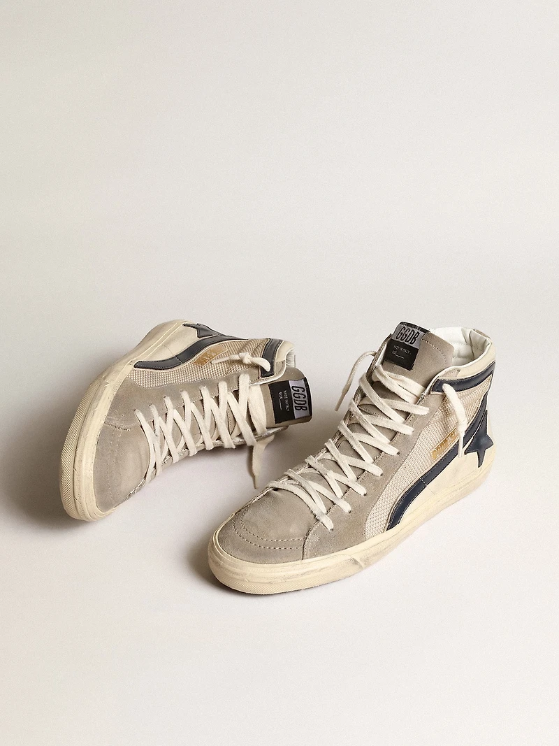 Slide beige mesh and nylon with blue leather star flash