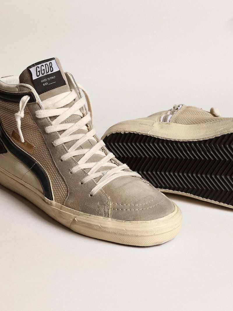 Slide beige mesh and nylon with blue leather star flash