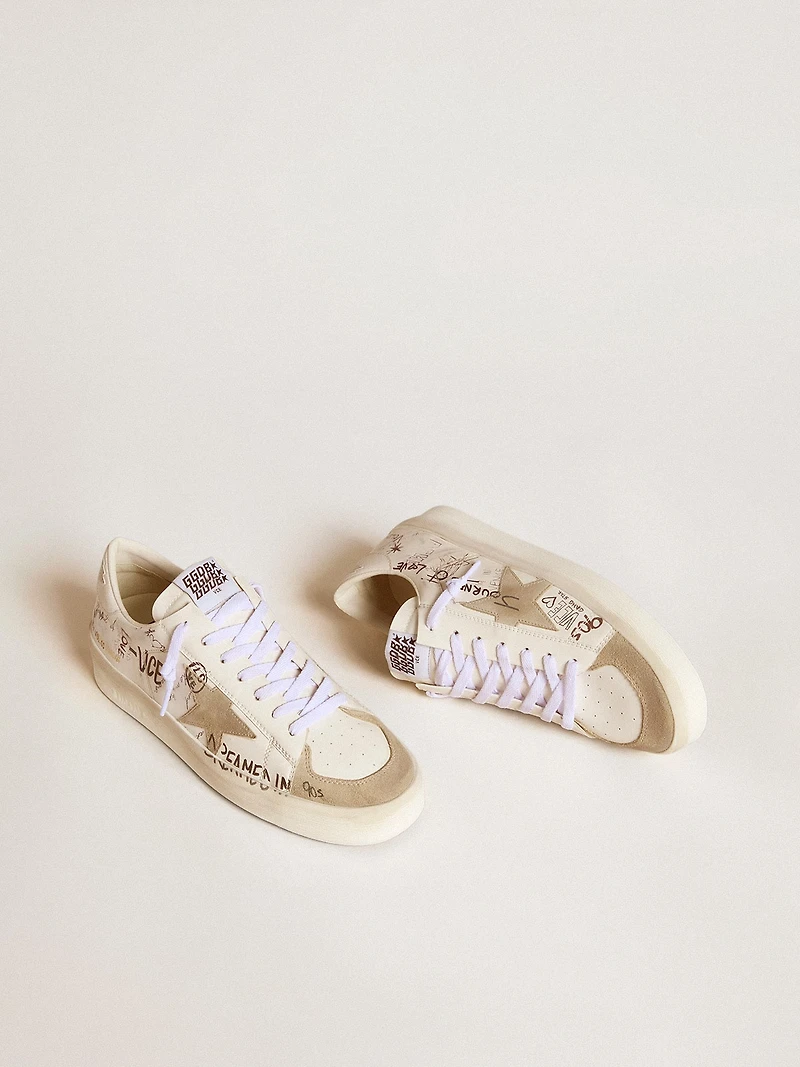 Stardan leather with all-over lettering and ice-gray suede star
