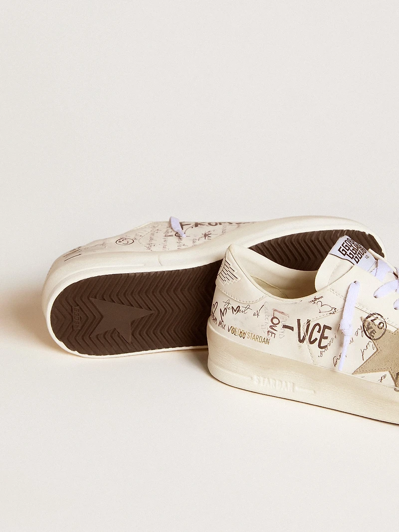 Stardan leather with all-over lettering and ice-gray suede star