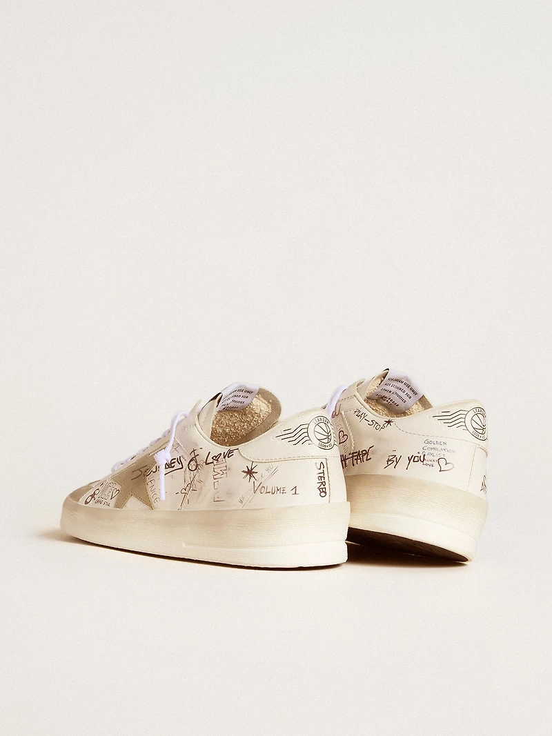 Stardan leather with all-over lettering and ice-gray suede star
