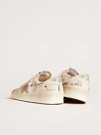 Stardan leather with all-over lettering and ice-gray suede star