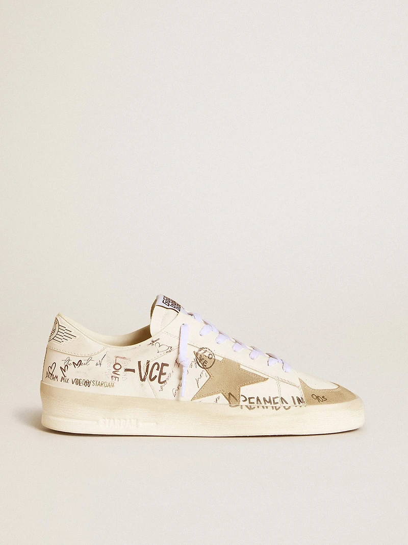 Stardan leather with all-over lettering and ice-gray suede star